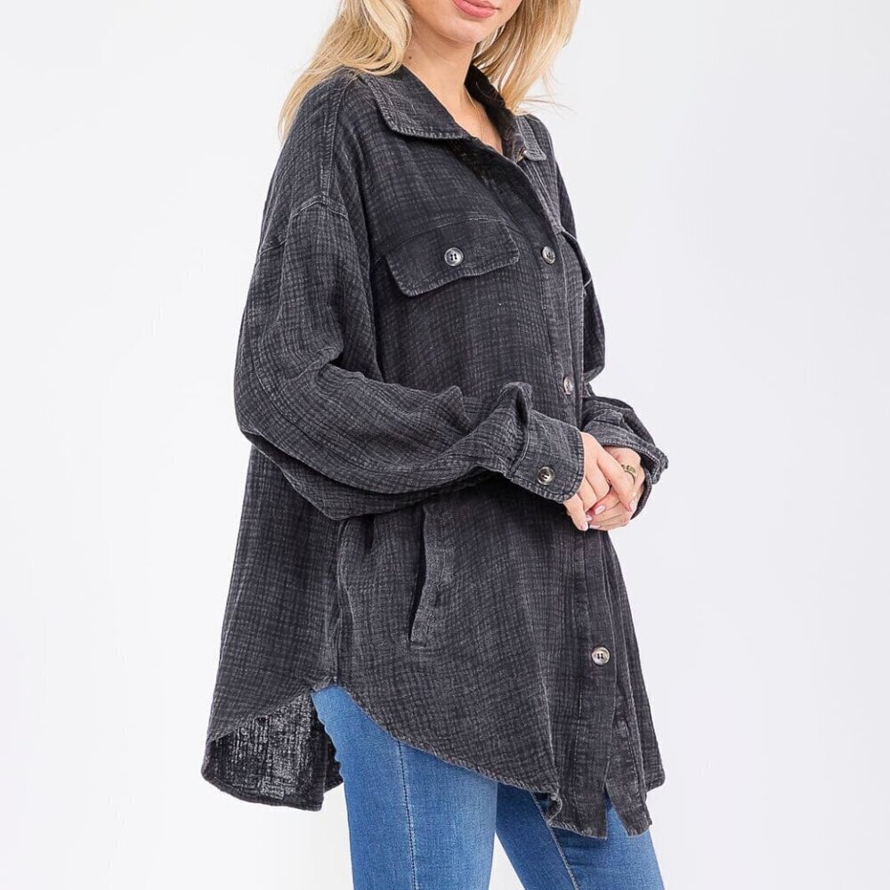 BiBi Button Up Washed Shirt Shacket With Pockets in Ash Wash Black